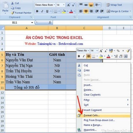 Cách ẩn công thức trong bảng tính Excel