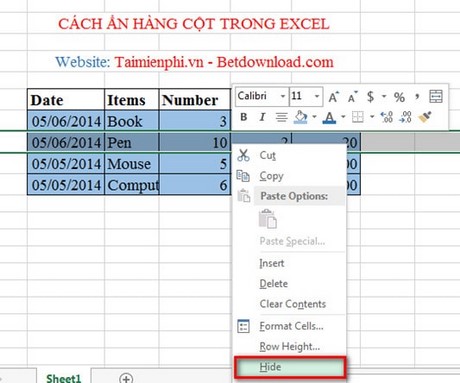 Excel - Cách ẩn hàng, ẩn cột trong Excel 2013