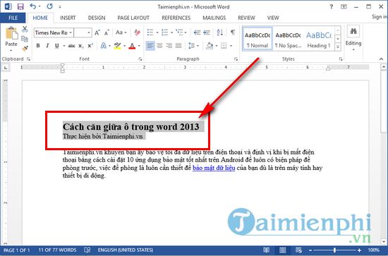 cach can giua o trong word 2013 2