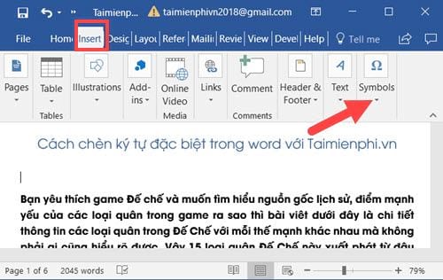 Cách chèn ký tự đặc biệt trong Word