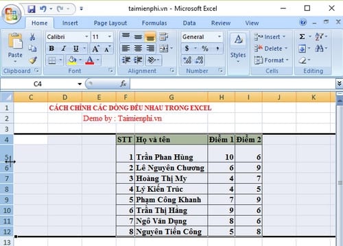 cach chinh cac dong deu nhau trong excel 2