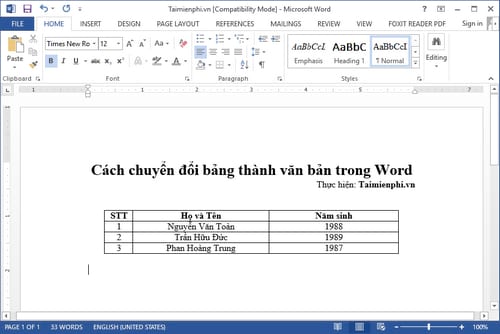 cach chuyen doi bang thanh van ban trong word 2