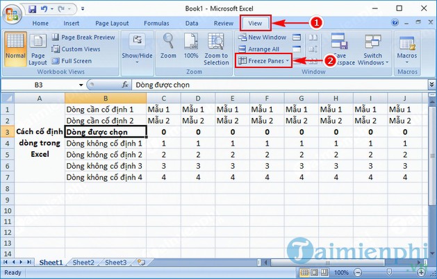 Cách cố định dòng trong Excel