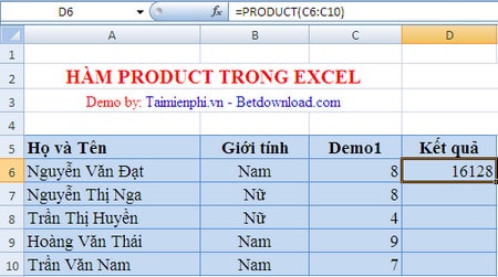 Hàm PRODUCT trong Excel, hàm tính tích các giá trị, ví dụ minh họa và cách dùng