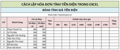 Cách lập hóa đơn tính tiền điện trong Excel