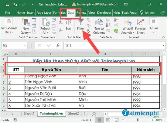 Cách sắp xếp tên theo thứ tự ABC trong Excel