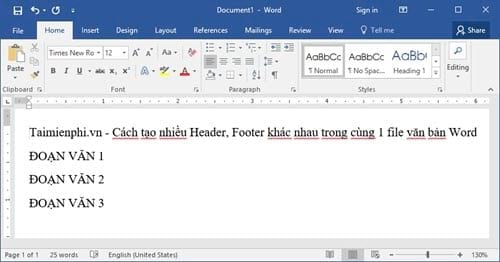 cach tao nhieu header footer khac nhau trong cung 1 file van ban word 2