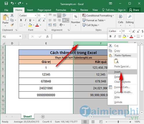 Cách thêm cột trong Excel