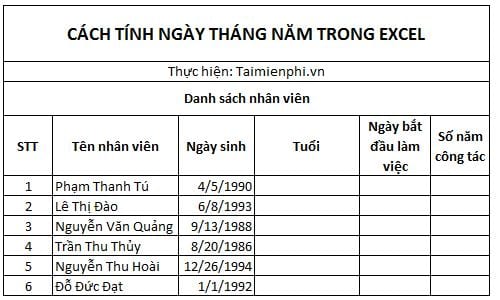 cach tinh ngay thang nam trong excel 2