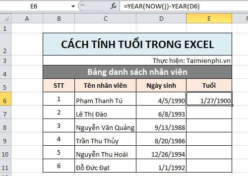 Cách tính tuổi trong Excel