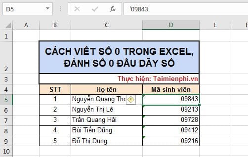 Cách viết số 0 trong Excel, đánh số 0 đầu dãy số