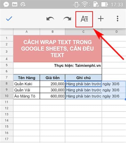 Cách Wrap Text trong Google Sheets, căn đều text