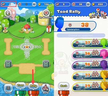 choi che do toad rally trong super mario run