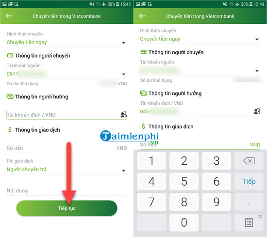 chuyển tiền ngân hàng VietComBank từ điện thoại