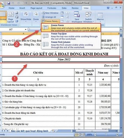 Cố định cột trong excel, cố định dòng trong excel 2010, 2007, 2003, 2013