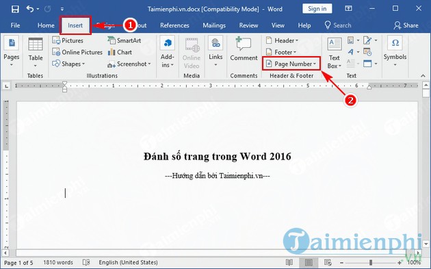 Đánh số trang trong Word 2016