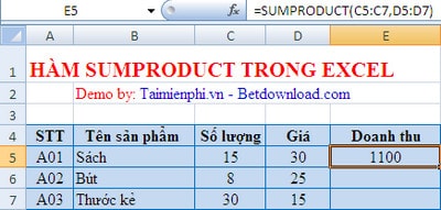 ham sumproduct trong excel