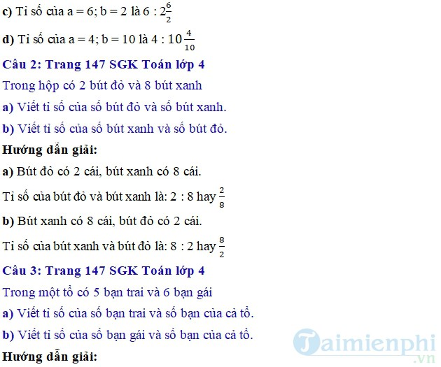 giai bai tap toan 4 trang 147 sgk gioi thieu ti so