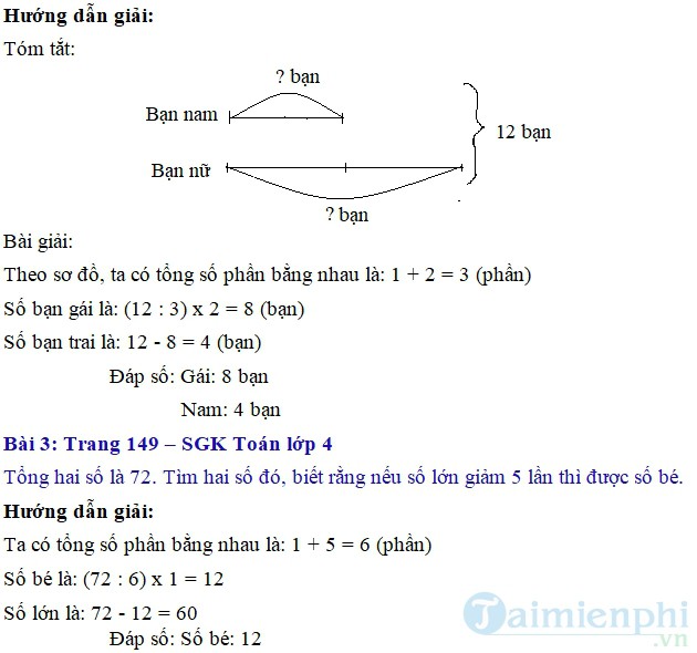 giai bai tap toan 4 trang 149 sgk luyen tap tim hai so khi biet tong va ti so cua hai so do tiep