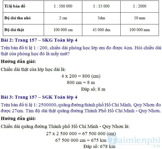 giai bai tap toan 4 trang 157 sgk ung dung cua ti le ban do
