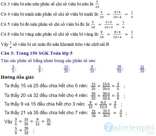 giai bai tap toan 5 trang 149 150 sgk on tap ve phan so tiep theo