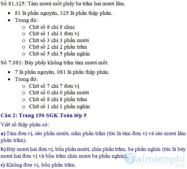 giai bai tap toan 5 trang 150 151 sgk on tap ve so thap phan