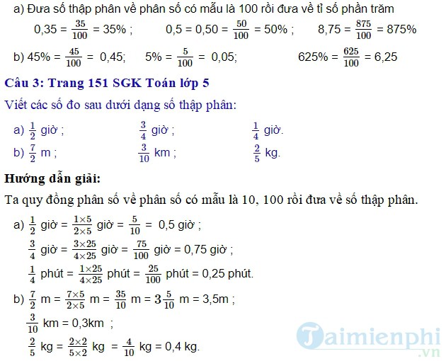 Giải Toán lớp 5 trang 151 SGK, Ôn tập về số thập phân (Tiếp theo)