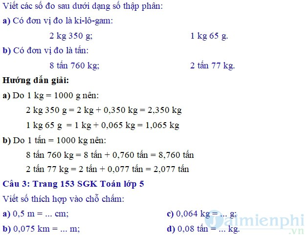 giai bai tap toan 5 trang 153 154 sgk on tap ve do do dai va khoi luong tiep