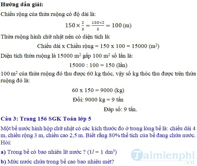 giai bai tap toan 5 trang 155 156 sgk on tap ve do dien tich va do the tich