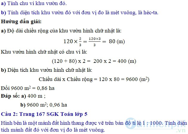 giai bai tap toan 5 trang 166 167 sgk on tap ve tinh chu vi dien tich mot so hinh