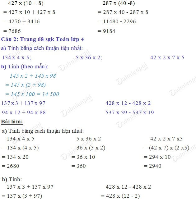 giai toan 4 trang 68 sgk luyen tap 2