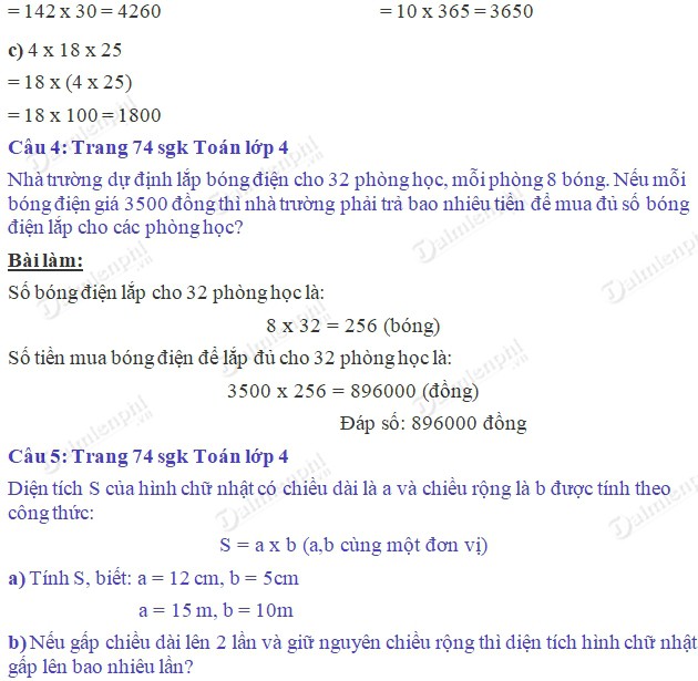giai toan 4 trang 74 sgk luyen tap 2