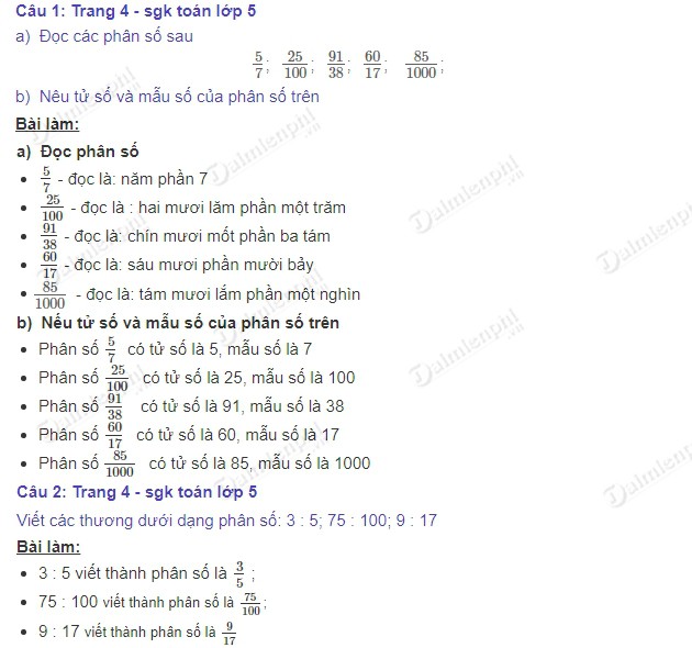 giai toan 5 trang 4 sgk on tap khai niem ve phan so 2