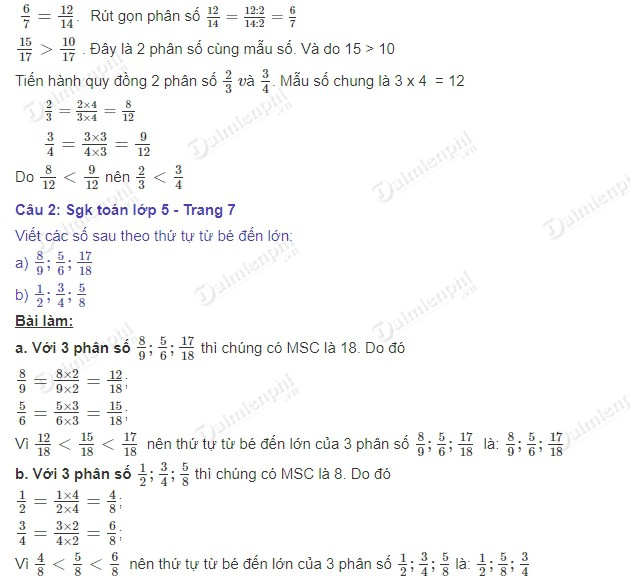 giai toan 5 trang 7 sgk on tap so sanh hai phan so 2