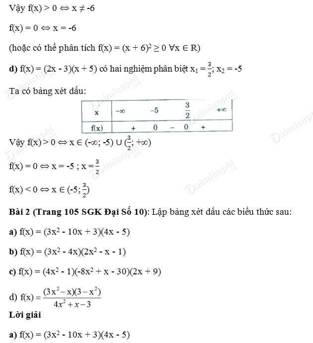 giai toan lop 10 dau cua tam thuc bac hai