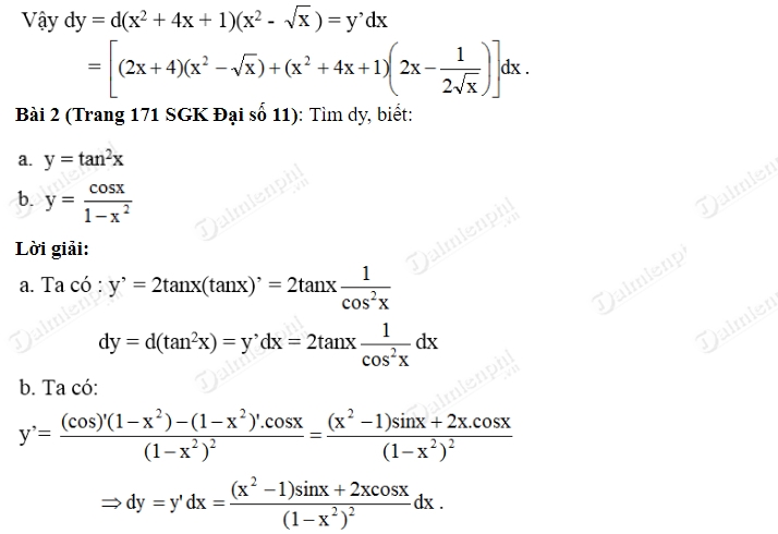 Giải toán lớp 11 Bài 1, 2 trang 171 SGK Đại Số - Vi phân