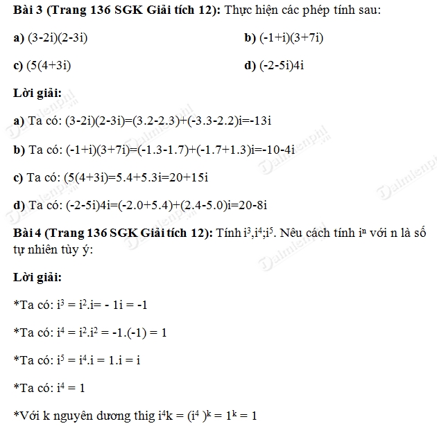 Giải toán lớp 12 Bài 1, 2, 3, 4, 5 trang 135, 136 SGK Giải Tích - Cộng, trừ và nhân số phức
