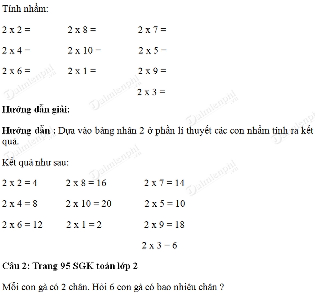 Giải bài tập trang 95 SGK toán 2