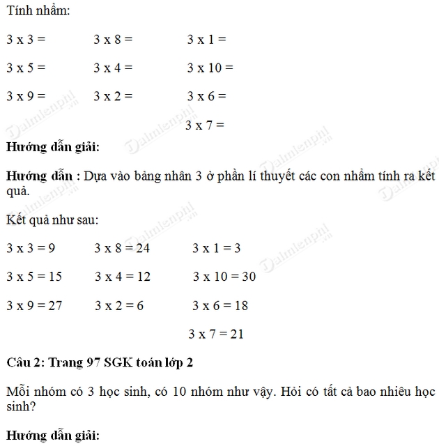 Giải bài tập trang 97 SGK toán 2