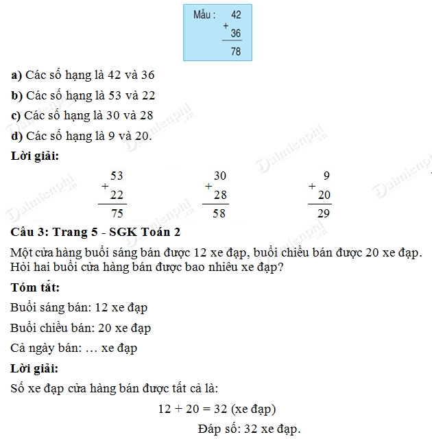 Giải bài tập trang 5 SGK toán 2
