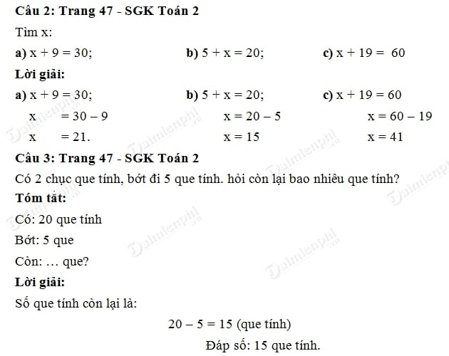 Giải bài tập trang 47 SGK toán 2