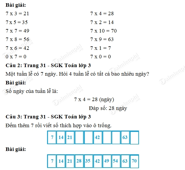 Giải bài tập trang 31 SGK toán 3