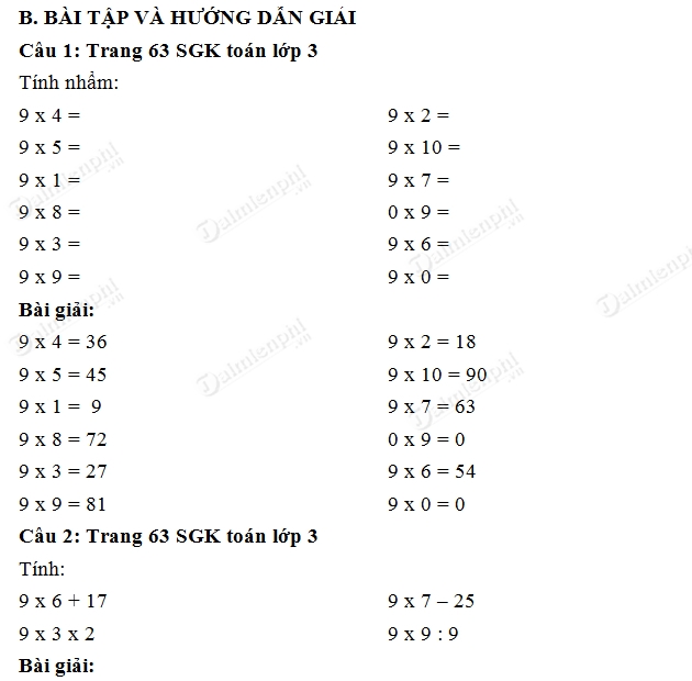 giai toan lop 3 bang nhan 9