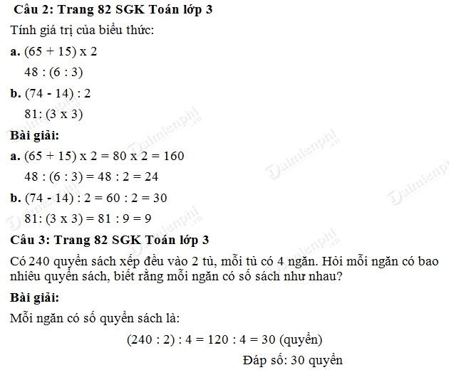 Giải bài tập trang 82 SGK toán 3 (tiếp theo 2)