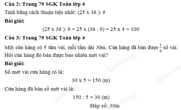 Giải bài tập trang 79 SGK toán 4