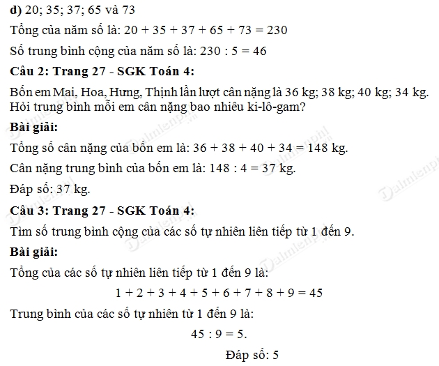 giai toan lop 4 tim so trung binh cong