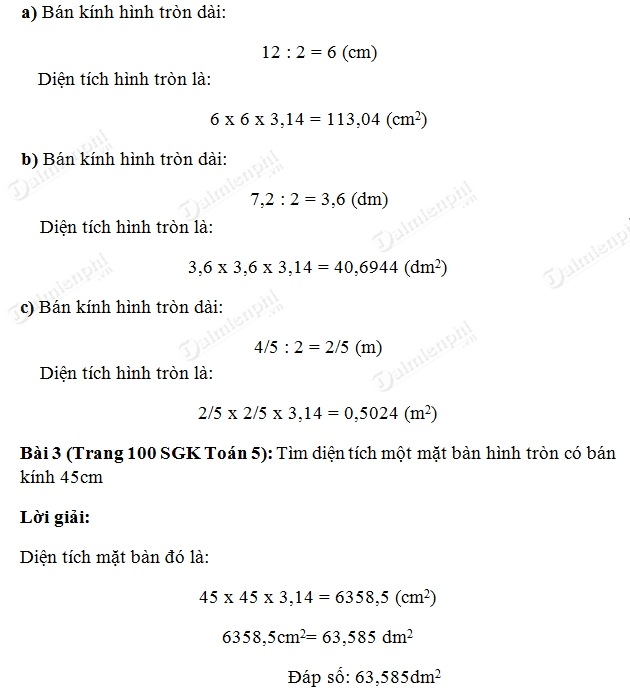 giai toan dien tich hinh tron lop 5