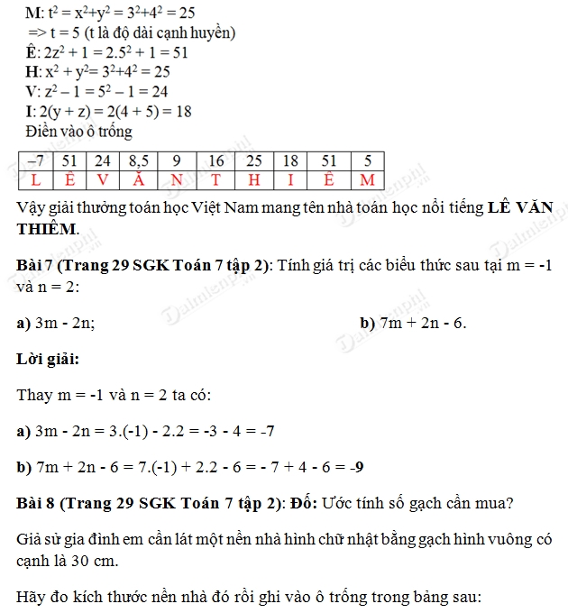 giai toan lop 7 gia tri cua mot bieu thuc dai so