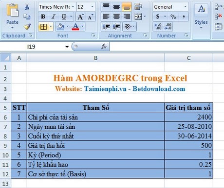 Excel - Hàm AMORDEGRC, Hàm trả về khấu hao cho mỗi kỳ kế toán