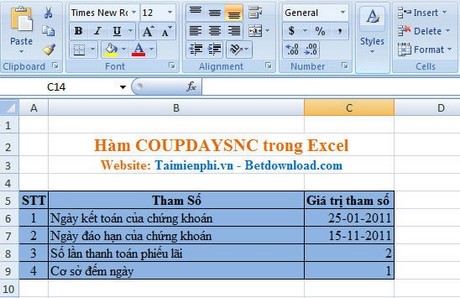cach dung ham COUPDAYSNC trong Excel